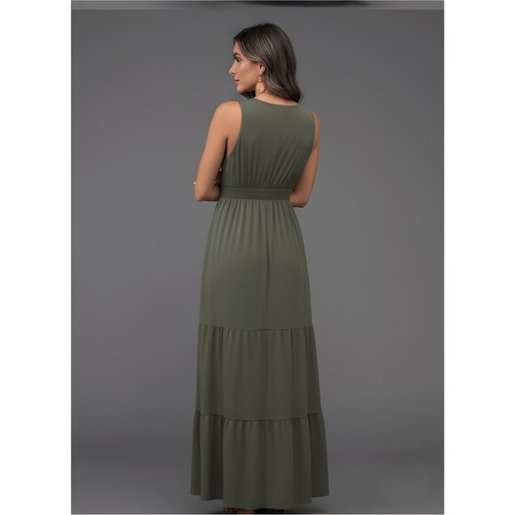Boho V-Neck Pleated Waist Dress Army Green - Picture 4 of 9